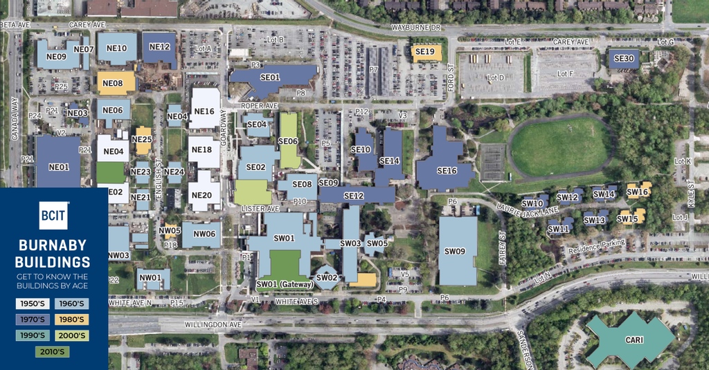 bcitcpf's tweet image. Get to know the Burnaby Campus Buildings by age. What is the oldest building you spend time in on campus? #BCIT #BCITFCD #CampusDevelopment