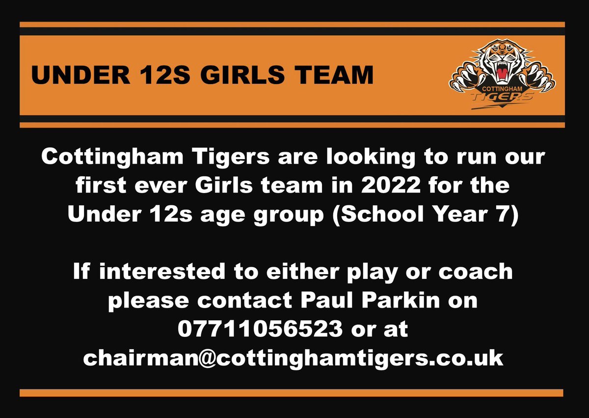 CottTigers's tweet photo. We’re on the lookout for players to join our 𝐔𝐧𝐝𝐞𝐫 𝟏𝟐𝐬 𝐆𝐢𝐫𝐥𝐬 side in 2022.

Fancy it? Get in touch! 

#CottTigers #TigersWay 🐯 https://t.co/irlYlIkbnN