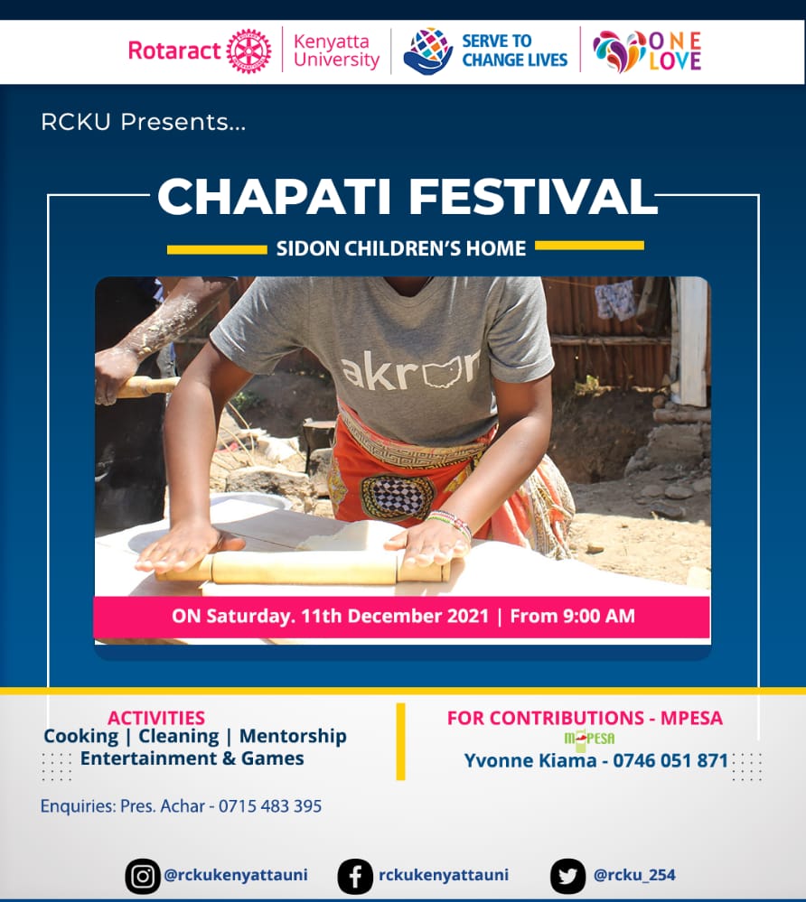 rcku_254's tweet photo. RCKU PRESENTS 🥁🥁🥁...
 " CHAPATI FESTIVAL🫓 2021 "💃🏽
A joyous time with the kids at Sidon Children's Home where we get to cook chapos for them, clean for them, mentor them, entertain them and play games with them. 
 Date : Saturday 11th Dec, , 2021
 Time : From 9:00am 
#rcku https://t.co/6cS60NIJvd