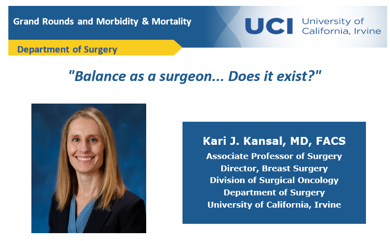 UCIrvineSurgery's tweet photo. Join us for this week's zooming #grandrounds featuring Associate Professor of Surgery and Section Chief of Breast Surgery, Dr. Kari Kansal in her lecture "Balance as a surgeon . . . Does it exist?"#surgeryeducation #wellness #surgerymentorship https://t.co/nmyWaDrC3E