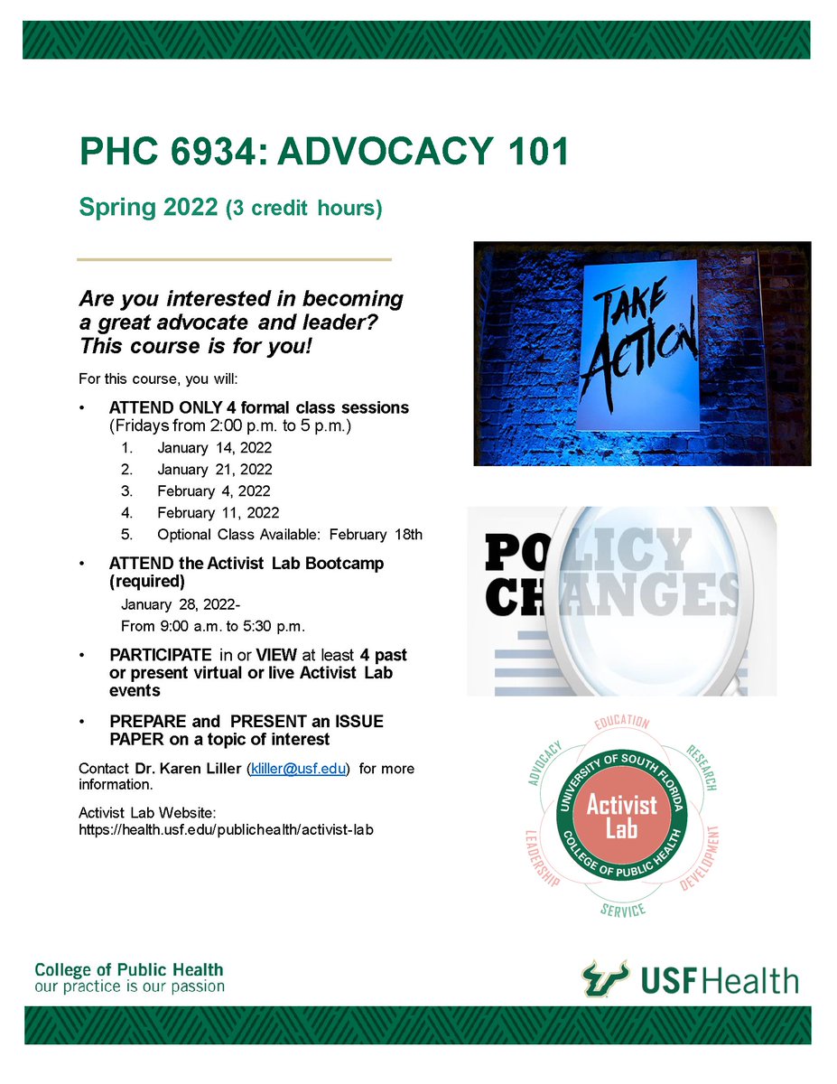 COPHActivistLab's tweet photo. Looking for an interesting and exciting course to take next semester? Check out Advocacy 101 led by our Director, Dr. Karen Liller!
@usfcoph
#activistlab #advocacy #activism #usfcoph #coph #springsemester #usf #graduatestudents #findyourvoice https://t.co/TH2rgbmu0y