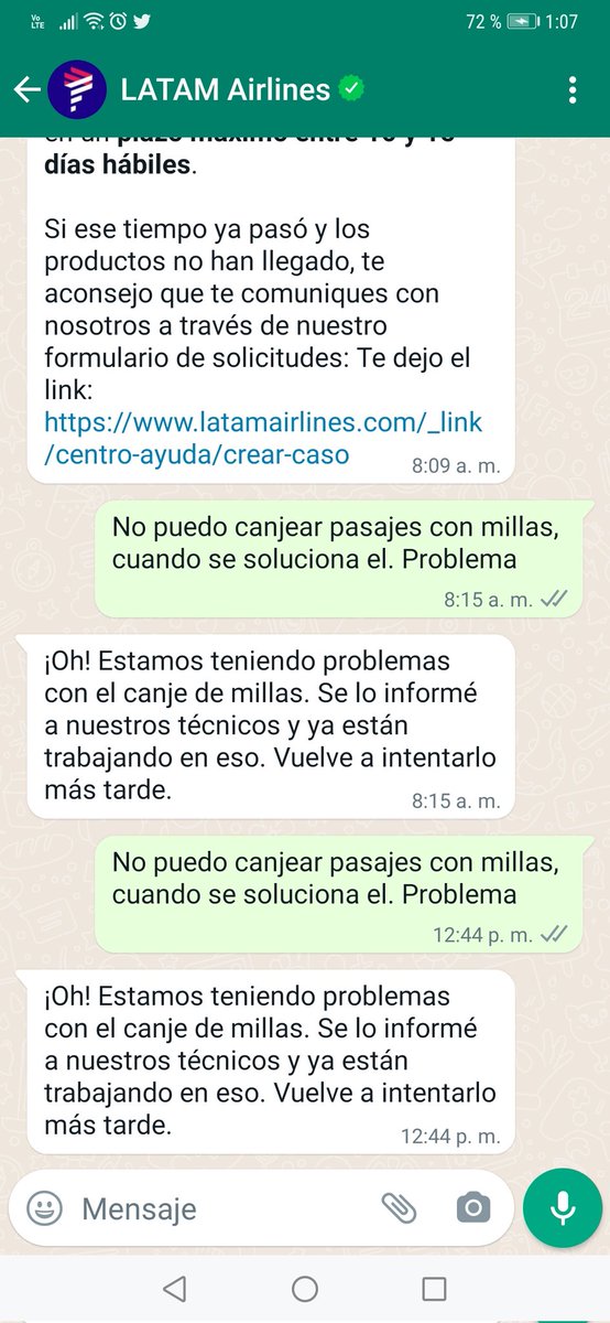 D_ELCO_MI's tweet photo. @LATAMAirlines necesito comprar pasaje con millas y no puedo, vencen Enero 22. Call Center  cuelga, la web y App indican que tuvieron un error para procesar datos, WhatsApp dice q tiene problemas, Messenger no responden. Que solución hay cuando ninguno de sus canales funciona!! https://t.co/eRHUt3r1YJ