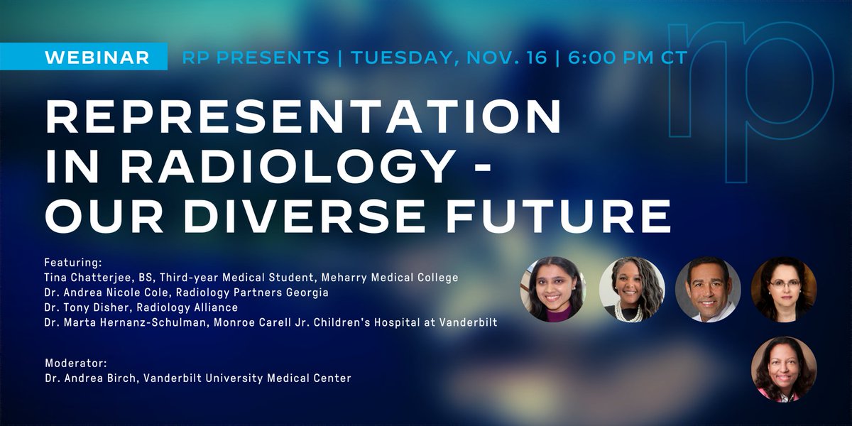 TODAY at 6P CT! #Medstudents,#futureradres &amp; #radres, come learn why #radiology is such an exciting field &amp; how these #radleaders seek to create a more diverse future for the next generation. #DEI <a href="/tinachatterje3/">Tonuka (Tina) Chatterjee, MD</a> @ABirch0741 

Free &amp; open to all. Register: bit.ly/RadDiverseFutu…