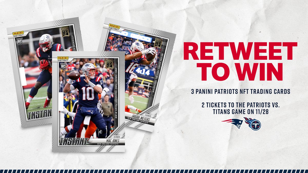 Patriots's tweet image. A win on Sunday calls for another chance to win on Tuesday 👏

RT to enter to win three @PaniniAmerica Instant Patriots NFT trading cards plus two tickets to #TENvsNE on 11/28.

Rules: bit.ly/2YV5fJW