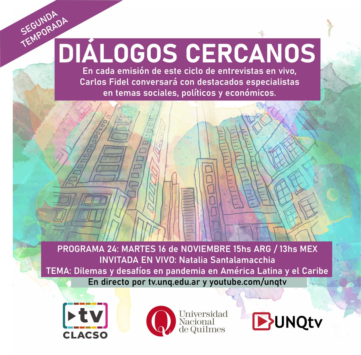 audiovisualunq's tweet photo. 📺 #Ahora #EnVivo
✅ Por https://t.co/LEIHG0k9EW o https://t.co/m71jDCvz8p
💻 #Programa23 de #DialogosCercanos
💬 Carlos Fidel charla con @NataliaSaltalam
🤳 El tema a tratar es: "Tiempos de pandemia: Dilemas y desafíos en América Latina y el Caribe"
@UNQoficial
@_CLACSO https://t.co/z8p3Fu44qF
