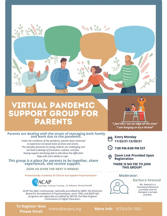 cfsSERV's tweet photo. Our community partners at Peaceful Tomorrows would like to share this upcoming opportunity for parents. The Academy of Clinical &amp; Applied Psychoanalysis/ICPS is hosting a 5-week support group for parents! It is free, virtual &amp; every Monday (11/22/2021-12/20/2021) from 7 p.m-8 p.m https://t.co/sEiTjOC8T4