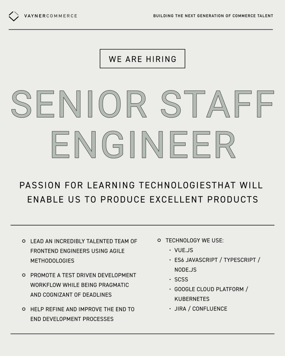 VaynerCommerce's tweet photo. VaynerCommerce is searching for a Senior Staff Engineer to join our team! We're looking for an experienced leader who loves building alongside coaching and mentoring other engineers on our rapidly growing tech team. If this is you, consider applying today: https://t.co/7nymrgx9To https://t.co/GdBsFLSJ7L