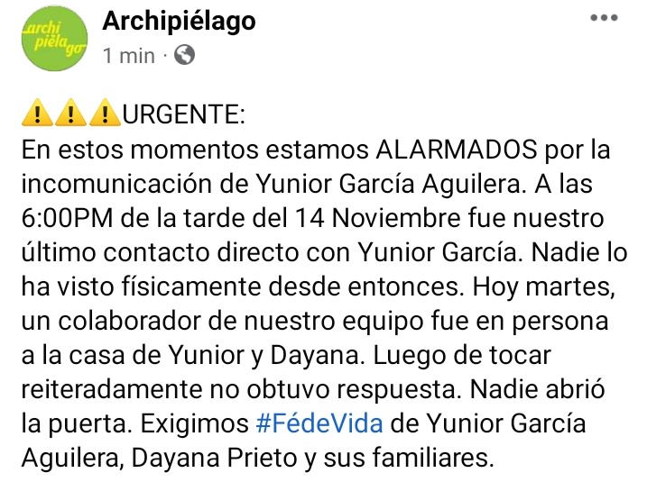 MagJorgeCastro's tweet photo. ⚠️⚠️Último minuto⚠️⚠️
 
"Hoy martes, un colaborador de @ArchipielagoCu fue en persona a la casa de Yunior y Dayana. Luego de tocar reiteradamente no obtuvo respuesta. Nadie abrió la puerta. Exigimos #FédeVida" de Yunior García Aguilera, Dayana Prieto y sus familiares" https://t.co/4AmK1gJGTp
