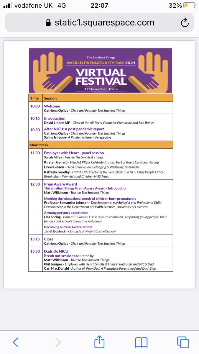 A fantastic line up of speakers for tomorrow’s World Prematurity Day festival, we can’t wait to bring together so many people who are all working to make the world a better place for children born prematurely and their families. Join the conversation at #SmallestThingsFestival