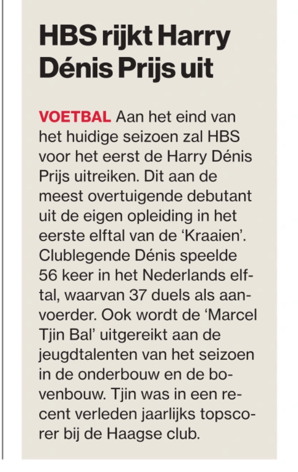hbscraeyenhout's tweet photo. “HBS rijkt Harry Dénis Prijs uit” - AD/HC 16-11-2021 @HBSFANZONE https://t.co/flACIXPlWD