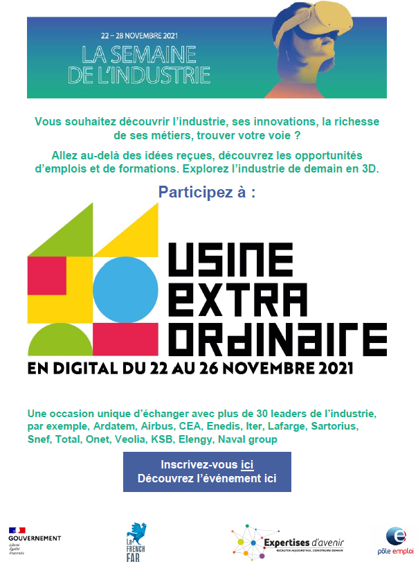 Une manière originale de découvrir les métiers qui recrutent et d'échanger avec les grands donneurs d'ordre des secteurs de l'industrie et des énergies 
C'est ici pour s'inscrire▶️uex2021.com