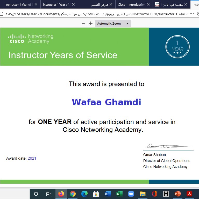 wafaaghamdy's tweet image. تُمنح هذه الجائزة إلى وفاء الغامدي للمشاركة الفعالة والخدمة في أكاديمية سيسكو للشبكات Cisco Networking Academy.
thank you 
@CiscoNetAcad