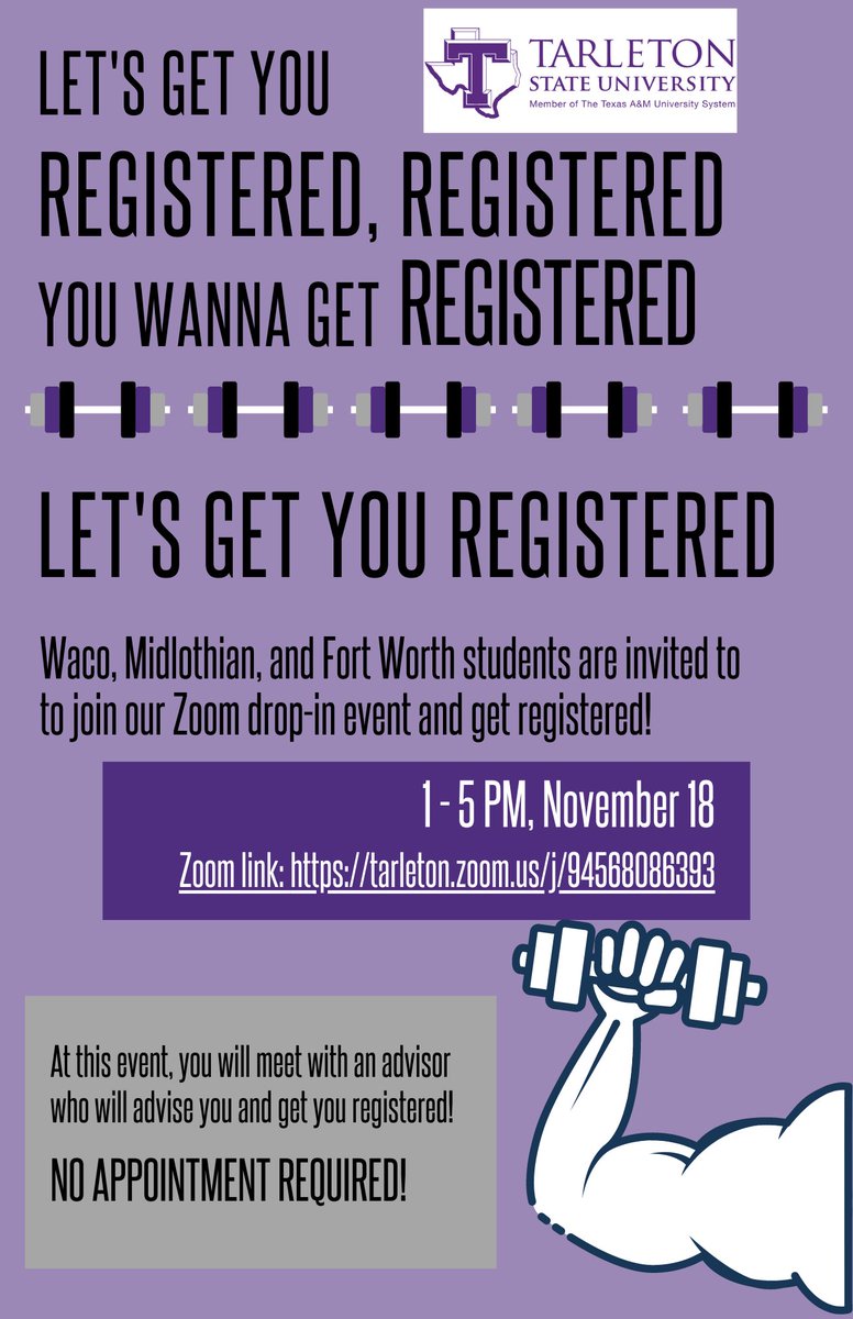 TarletonWaco's tweet photo. 🎶 Let’s get you registered, registered! You wanna get registered? Let's get you registered! 🎶 Join our Zoom drop-in #registration Nov 18, 1-5. Get advised and registered during your meeting. No appointment required! Zoom: https://t.co/v1Gud7TPlL 💪🏽 🏃🏼 🏋🏿 🧘🏼 💜 
#TarletonWaco https://t.co/7Xh2vPvrdh
