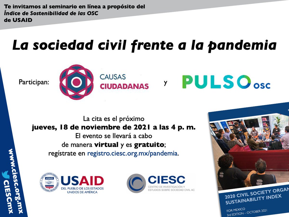 CIESCmx's tweet photo. Pasado mañana vamos a platicar con #CausasCiudadanas y #PulsoOSC sobre las encuestas que levantaron para conocer el impacto que tuvo la pandemia sobre las #OSCmx. ¡Te esperamos! https://t.co/cFLi2I0G0K https://t.co/zICKxziiAJ