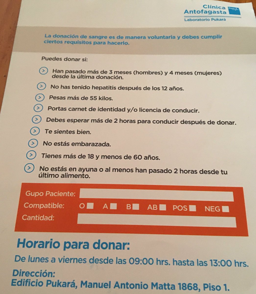 Hola a todos, quería pedirles un favor, 
se necesitan dadores de sangre para Mario Renato Rosas Mundaca, los que puedan deben llamar al número 552468384 de 09:00 a 13:00 horas (agendar solo en ese horario)
Dirección Manuel Antonio matta 1868 piso 1
Edificio pukará
#Antofagasta