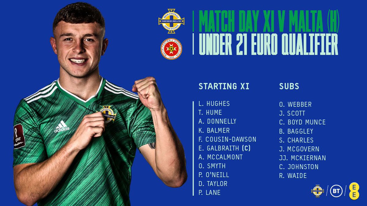 NorthernIreland's tweet photo. 🔥 Here’s how our U21s line up against Malta tonight 💚 #GAWA #U21s https://t.co/VDlaReVg3H