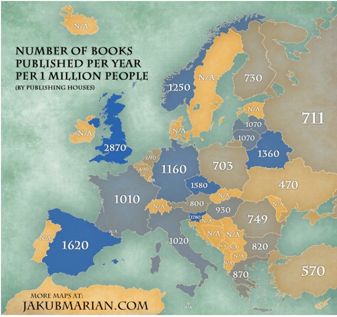 ViajePenelope's tweet photo. 🤓 Según este mapa de @jakubmarian, España es el tercer país europeo donde más libros se escriben por habitante, sólo superada por Reino Unido y Eslovenia. Por su parte, Turquía, Bélgica y Ucrania cierran la lista por la cola https://t.co/ZfP8Y3p6Nt