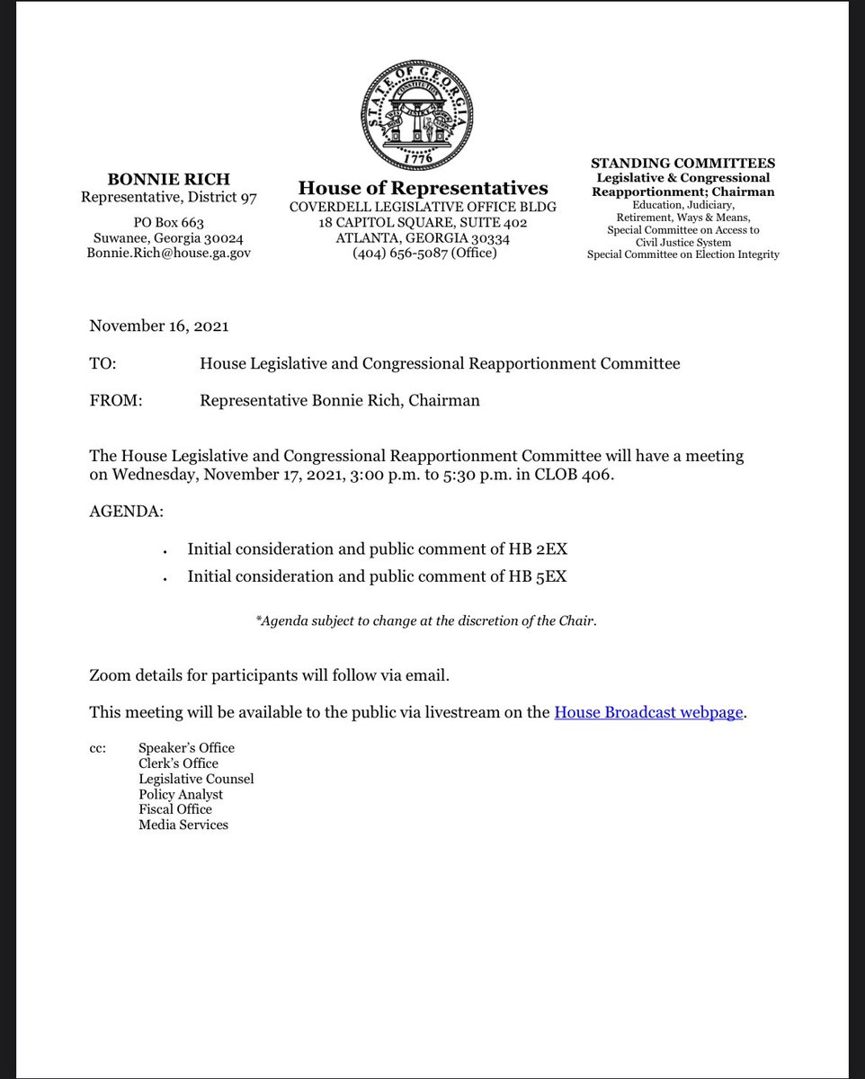 stphnfwlr's tweet photo. Good news! The Georgia House redistricting committee is holding a meeting with tomorrow on HB2EX, the chamber’s proposed Congressional map. 

Only problem is, it doesn’t exist yet! 

Prepare your public comments accordingly. #gapol https://t.co/O4KxnWZlxs