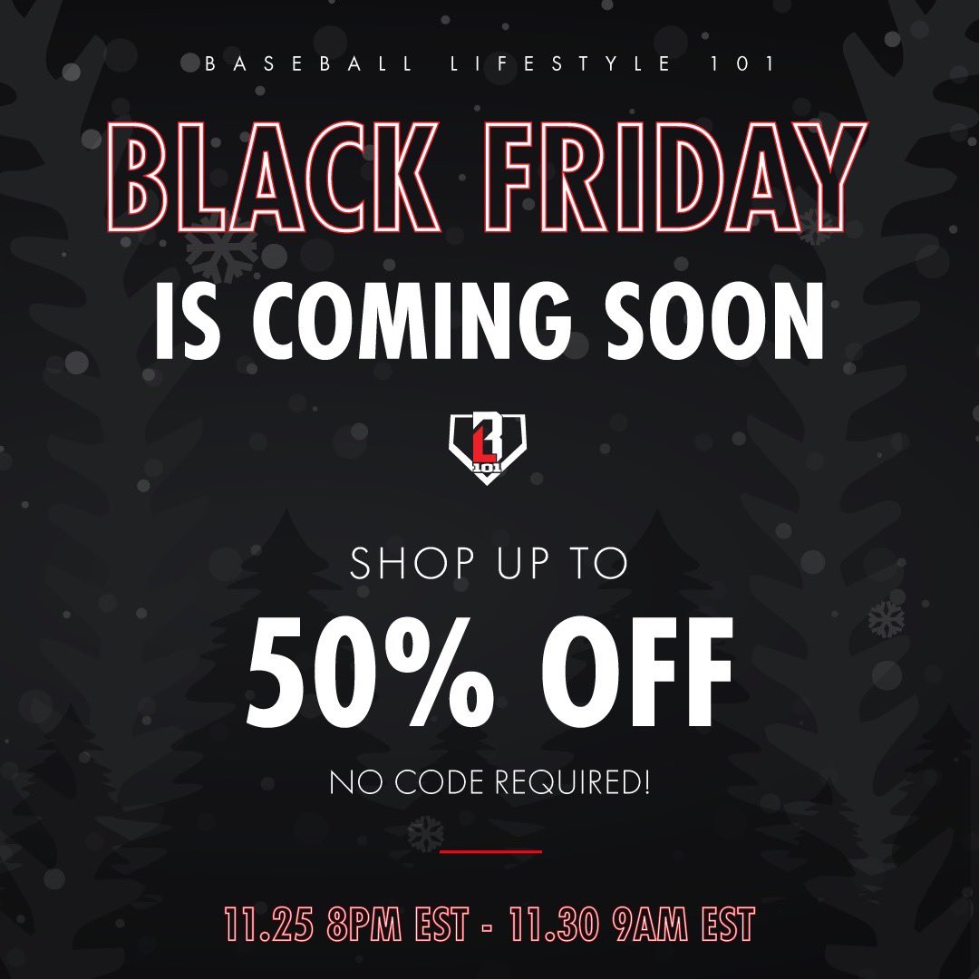 Team_BL101's tweet photo. The BL101 Black Friday Sale is COMING SOON‼️Shop up to 50% OFF Site-Wide.
Starting November 25th at 8pm EST. To learn more: https://t.co/uYF1dIickm 🎁 #BL101 #BaseballLifestyle #BlackFriday https://t.co/uRD8YZmE0O