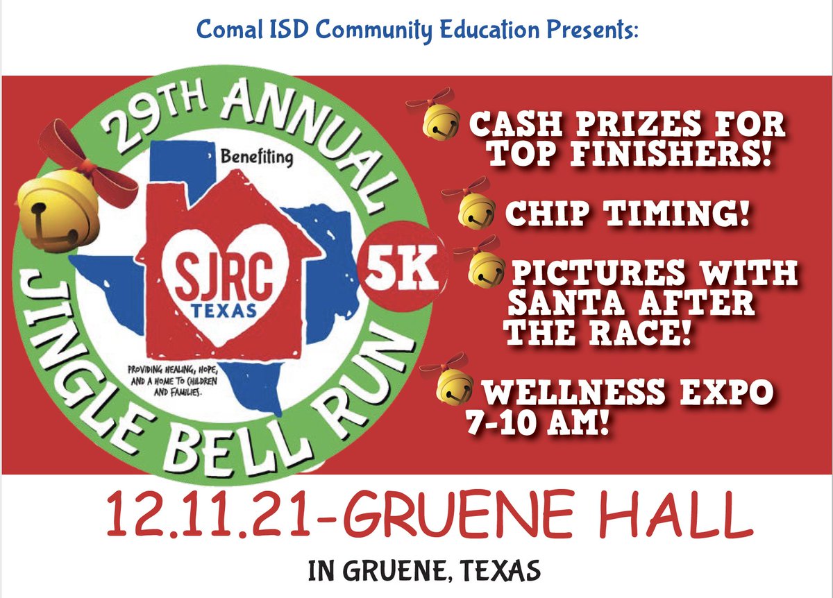 CisdCPN's tweet photo. 🔔SJRC Jingle Bell Run!🔔🎄🎅 CISD Employees can register today for only $15! @cisdnews @Supt_comalisd @ComalPhysED
https://t.co/Zl6a0jkiAw https://t.co/BiT4gl5Yox