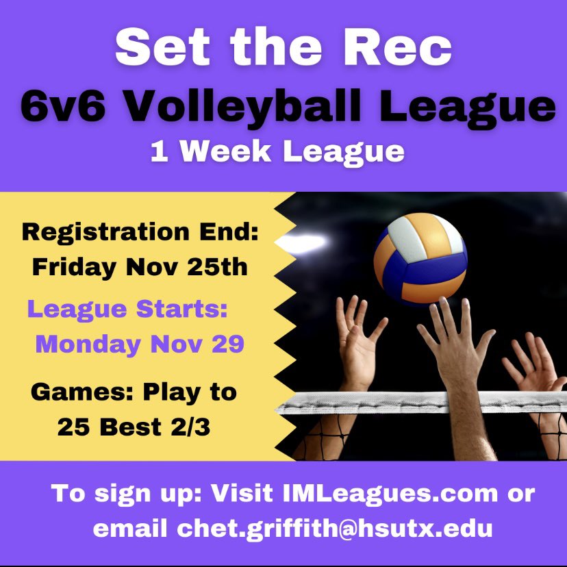 HSUTX_UREC's tweet photo. Last 2 IM Events of the Semester! Sign up to hold your spot! Tues Nov 23 is a Spikeball tournament and the week before finals will be a volleyball League! https://t.co/SSIS377qmB
