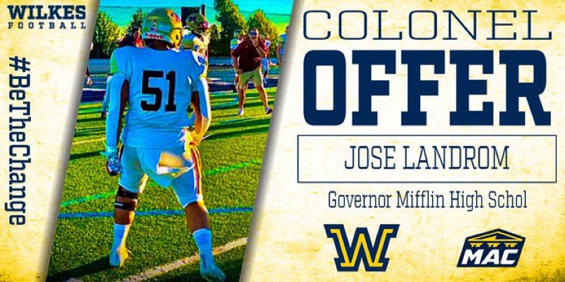 I am blessed to announce that I have received my second offer from <a href="/WilkesColonels/">Wilkes University Colonels</a> just would like to thank <a href="/JakeJola/">Jake Jola</a> and all of the people who have been by my side through out this journey ! <a href="/WilkesFootball/">Wilkes Football</a> <a href="/GMSDAthletics/">Governor Mifflin Athletics</a>  <a href="/GarageStrength/">Garage Strength</a>