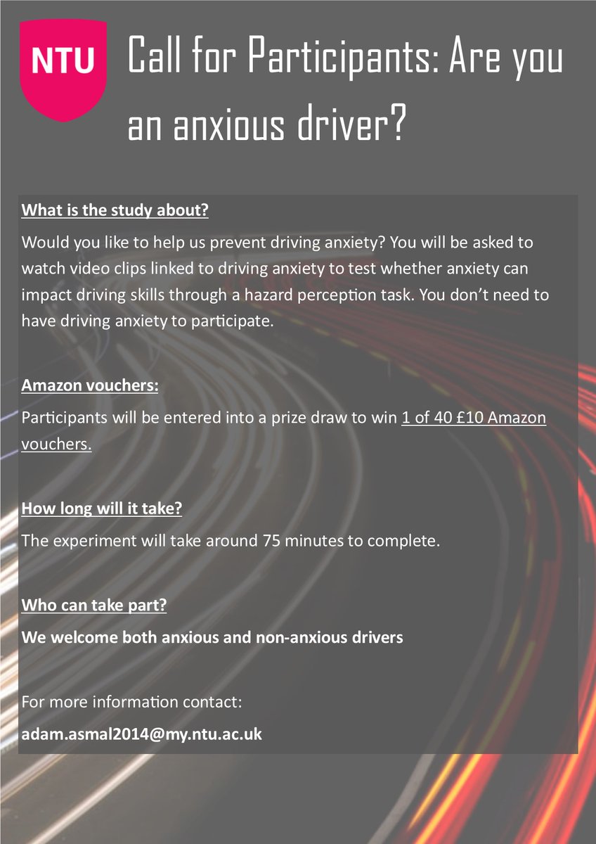 Calling all drivers! I am conducting a face-to-face experiment to measure how driving anxiety can impact drivers skills such as hazard perception. If you are interested, please send me a message and I can provide you with more information. #drivingperformance #anxiety