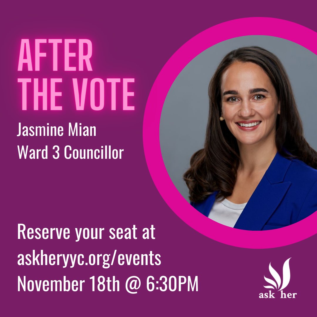 Panelist Spotlight! Elected to #YYCCC for Ward 3, Jasmine is the youngest woman to ever be elected to Council. She also was the Logistics Lead for <a href="/askheryyc/">Ask Her</a> Prepare Her program &amp; a former Olympian in wrestling. Save your spot to hear more from Jasmine! eventbrite.ca/e/after-the-vo…