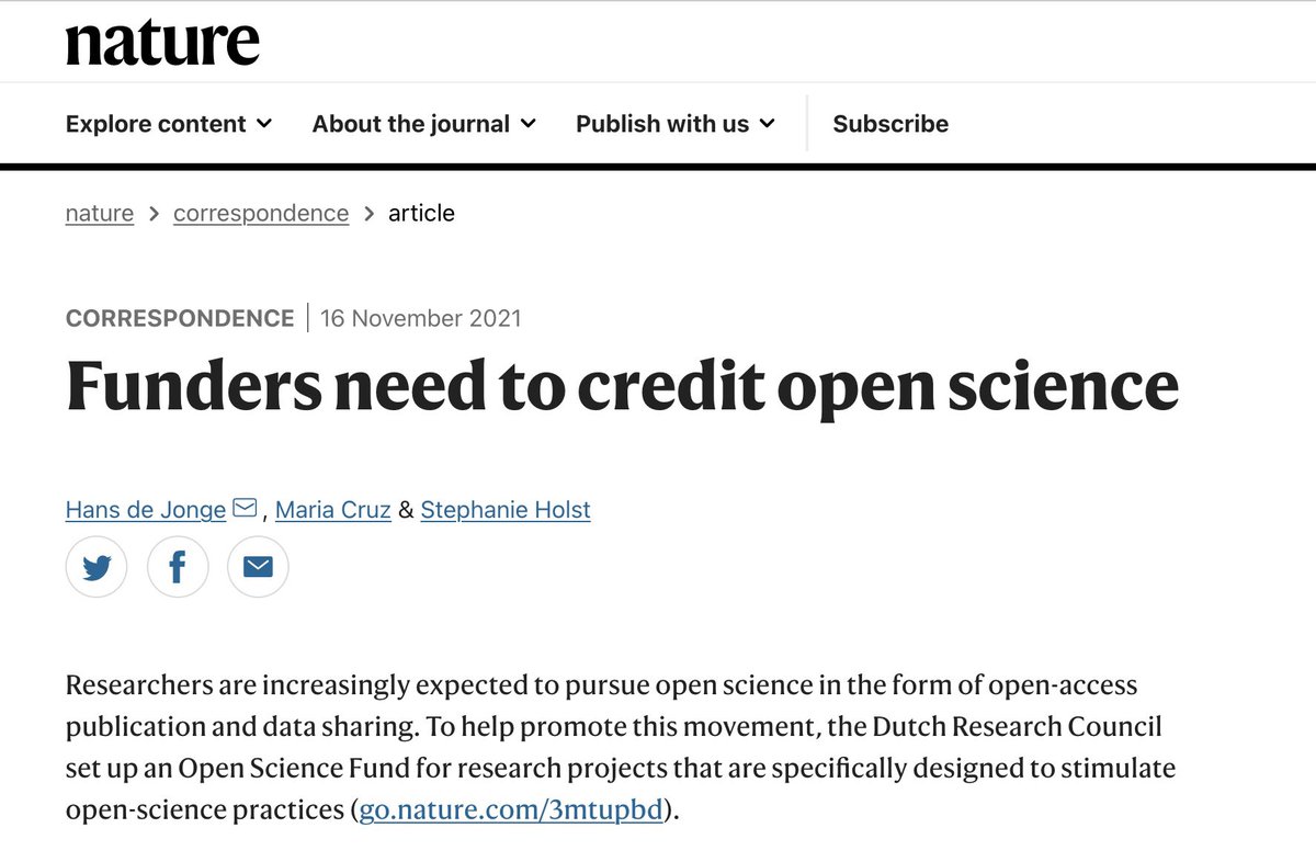 In order to become the norm, funders need to recognise and  reward #OpenScience, we argue today in <a href="/Nature/">nature</a>. Results of the 1st round of the <a href="/NWONieuws/">NWO Nieuws</a> #OpenSciendeFund show the research community is ready! <a href="/RecogRewards/">Recognition & Rewards</a> @https://www.nature.com/articles/d41586-021-03418-1