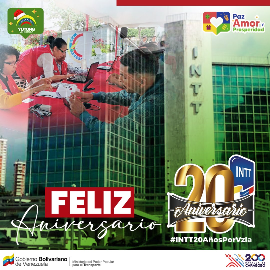 payvoficial's tweet photo. Hoy @INTToficial, celebra 20 años de trayectoria y nos unimos a su celebración felicitando a todo el personal que labora en esta noble institución y que día a día brindan sus servicios con calidad y eficiencia al pueblo Venezolano. 
¡Felicidades!
@TransporteGobVe
@NicolasMaduro https://t.co/Ye8kH3z5Uh