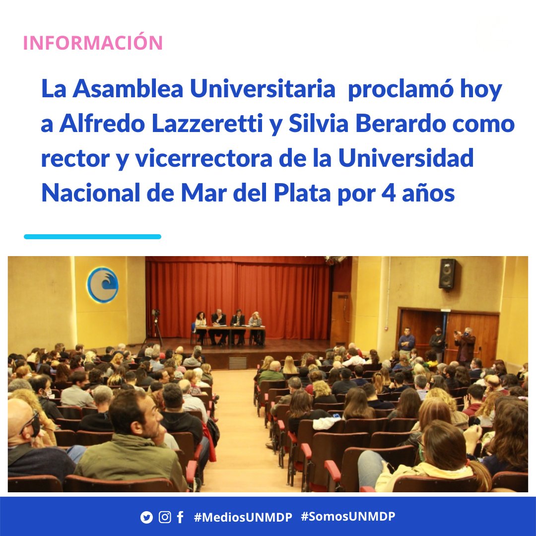 📣 La Asamblea Universitaria proclamó hoy a Alfredo Lazzeretti y Silvia Berardo como rector y vicerrectora de la Universidad Nacional de Mar del Plata por 4 años.
#MediosUNMDP #SomosUNMDP 
Info🔗bit.ly/3cg2rtS