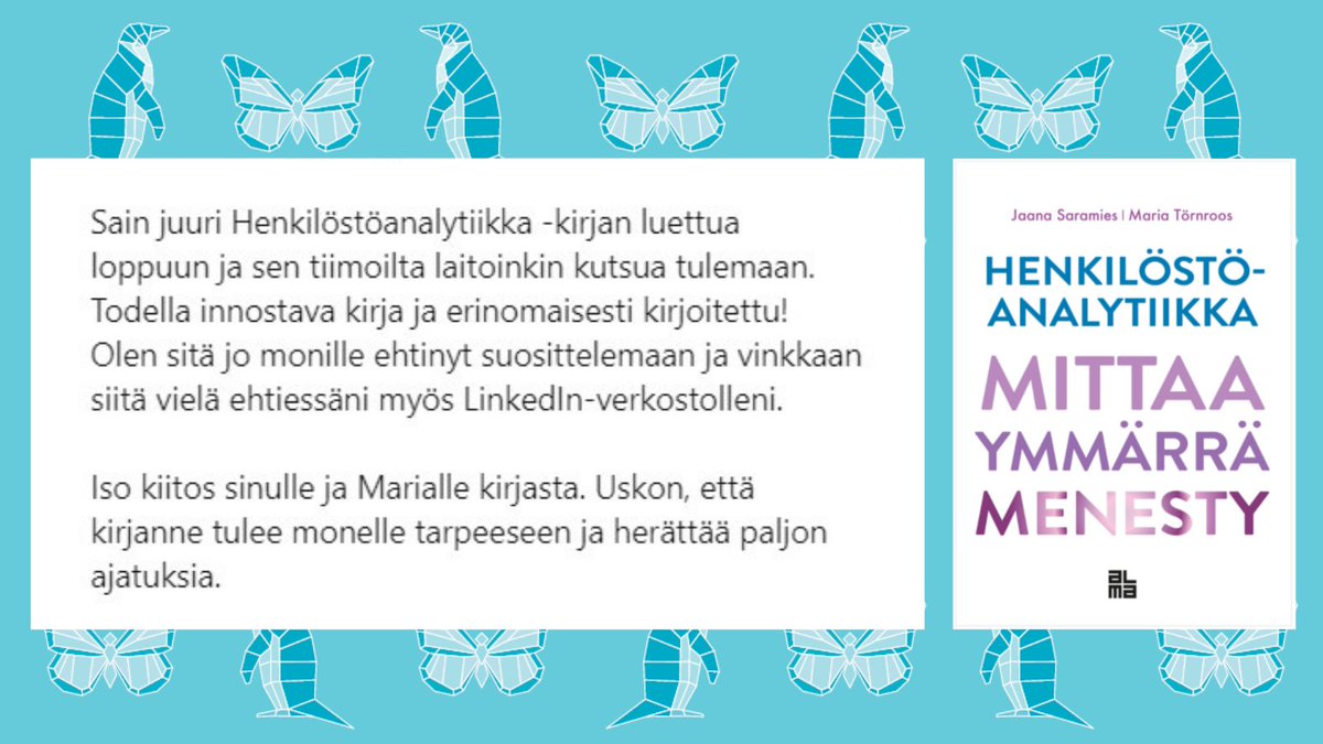 JSaramies's tweet photo. Lakkaanko ikinä hämmästymästä, että joku tuntematon lukee (ja kehuu!) meidän tietokirjaa?? 😅

Ehkä en, eikä haittaa! 😍🔥
Kiitos @ek_nen ihanasta palautteesta!

Tutustu säkin kirjaan: https://t.co/CGC3owz7Gf

#henkilöstöanalytiikka #HRsome #LoveMyJob https://t.co/xBtIPUu3uN