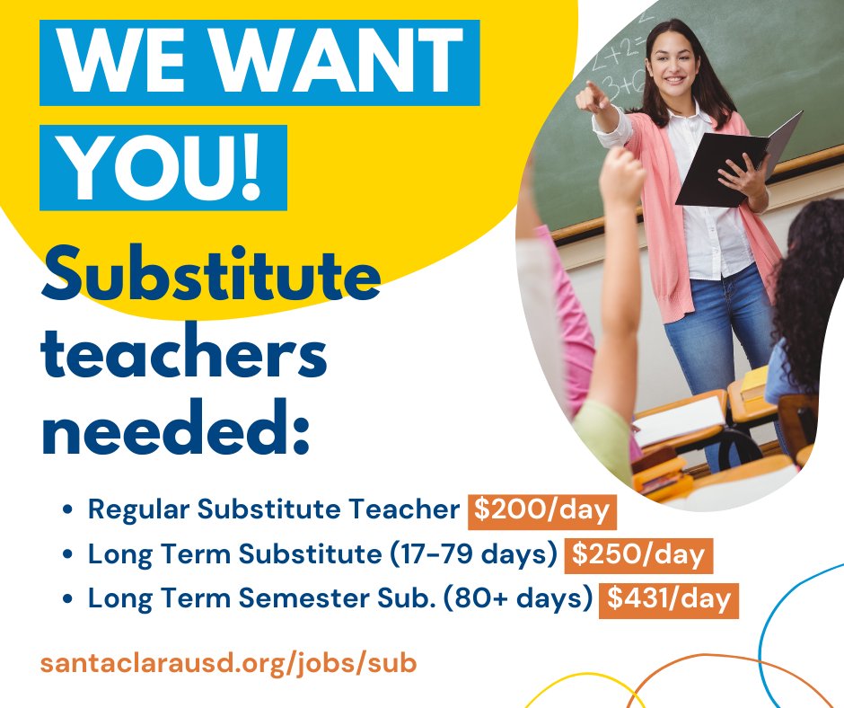 SCUSD is hiring! We are looking for substitute teachers to join our team. Check out our competitive rates:
Substitute Teacher:  $200/day 
Long Term Substitute (17-79 days):  $250/day
Long Term Semester Sub: (80+ days)  $431/day
Apply today: bit.ly/3DpqgeC