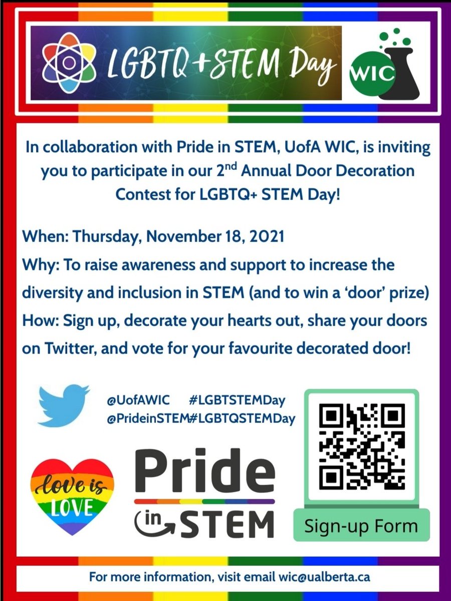 UofAWIC's tweet photo. In collaboration with @PrideinSTEM we are inviting our #UAlbertaChem community to participate in our 2nd annual door decoration contest for #LGBTQSTEMDay this Thursday! @ualbertachem https://t.co/L0QfGIydiD