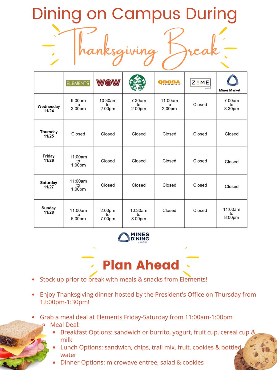 Are you staying on campus during Thanksgiving Break? Please note that dining hours will be modified, use the guide provided to plan ahead. Have a great holiday! 🍁 🦃
