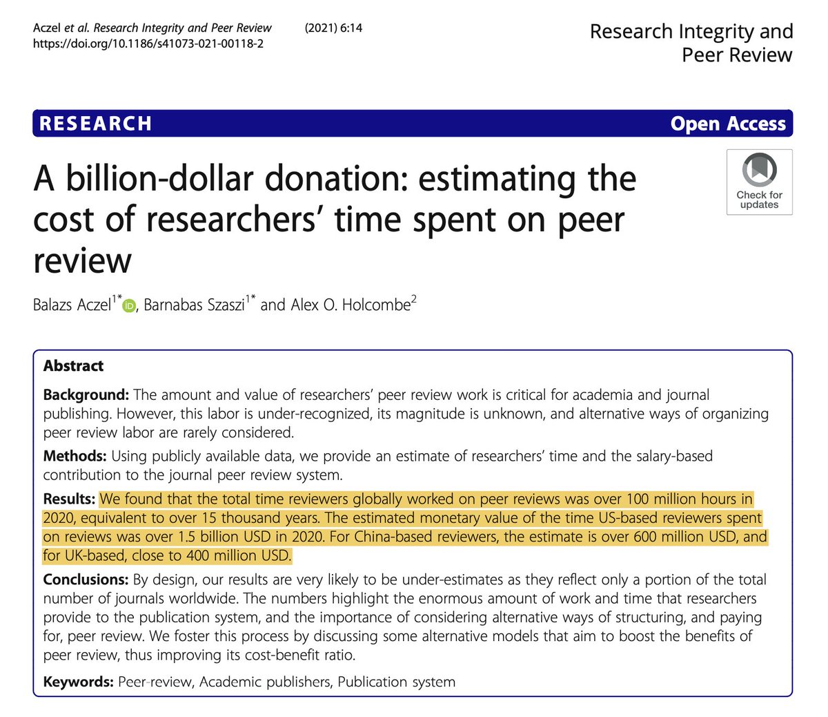 'A billion-dollar donation: estimating the cost of researchers’ time spent on peer review' --> bit.ly/3wQxp5o