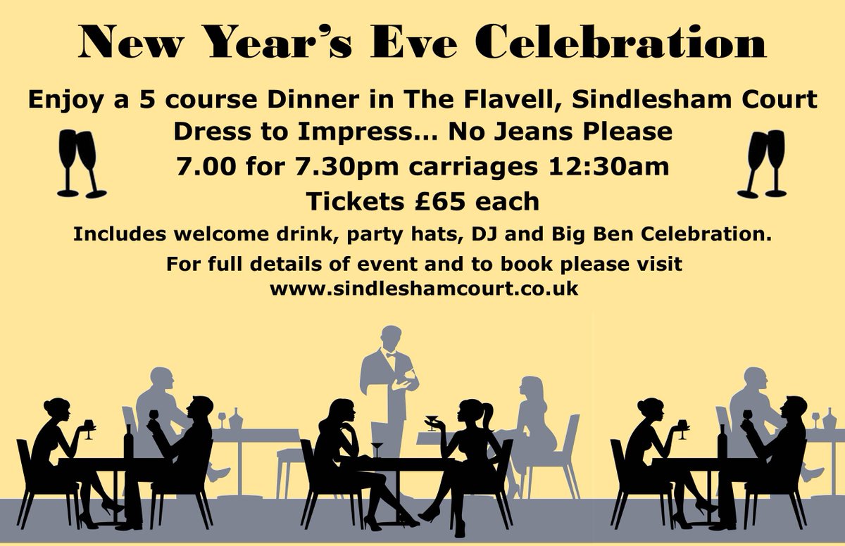 Why not join us at this year's <a href="/SindleshamCourt/">Sindlesham Court</a> New Year's Eve celebration. 

** Hurry tickets are selling fast **

Book your tickets and food choice online

#sindleshamcourt #sindlesham #newyearseve