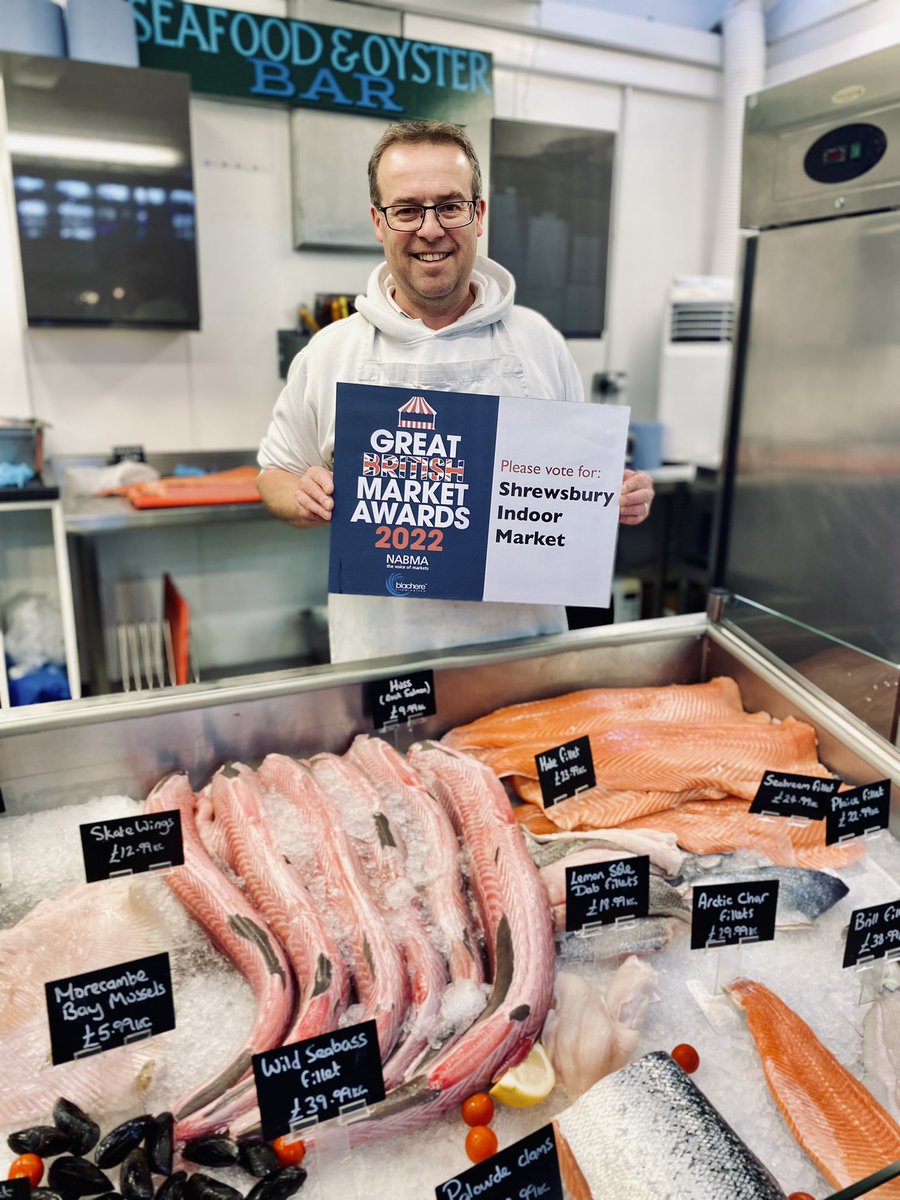 Our fantastic fishmonger Ian, at  Barkworths Seafoods, says: “Please vote for Shrewsbury Indoor Market in the national competition to find Britain’s Favourite Market”. 

To vote follow the link nabma.com/vote-for-brita…

#GBMAwards2022 #Britainsfavouritemarket