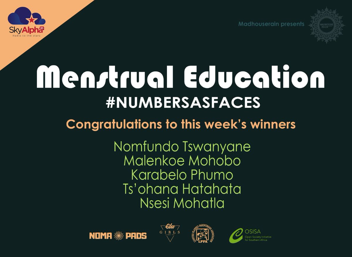 SkyAlpha_HD's tweet photo. Congratulations to last week winners of Menstrual Education. ๐๐๐
You can also be a winner of M100.00, follow these pages: @LapengD , Girls Like Us, @OSISA and @SkyAlpha_HD.
Complete your entry by #numbersasfaces #shamefreeperiods #skyalphahd
LISTEN on Wednesdays @ 8am! https://t.co/HTopGG4iaY