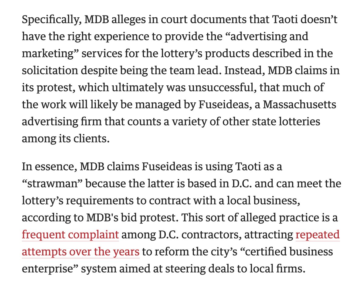 NEW: Controversy is swirling over another D.C. Lottery contract. A major ad firm claims it was improperly passed over for a $70M deal, in favor of a team they believe is gaming CBE rules. 

It’s all stirring up memories of the Intralot-sports betting saga:
bizjournals.com/washington/new…