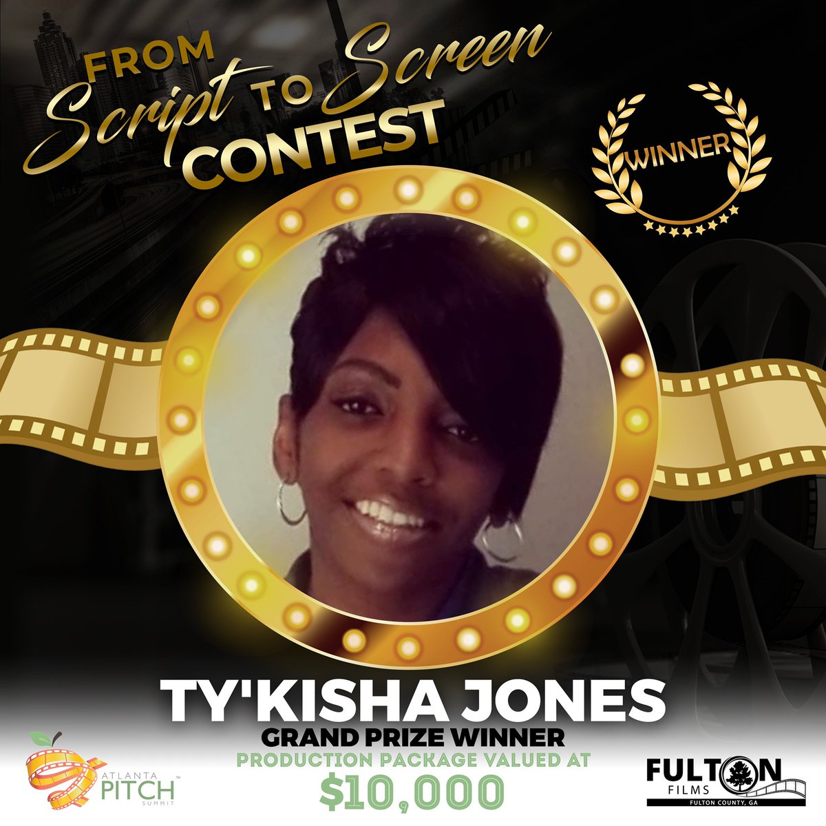 We have a WINNER! Congratulations to Ms. Ty’Kisha Jones @tythewriteratl who was selected as our Script to Screen contest winner for her short film. Be sure to stay tuned for more from this writer! This contest is powered by @fultonfilmsga &amp; @atlantapitchsummit #scriptwriter