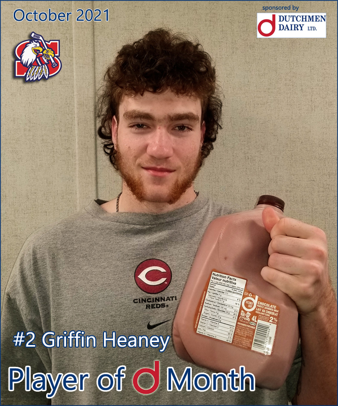Sicamous_Eagles's tweet photo. Sicamous Eagles d-man #2 Griffin Heaney is the Eagles Player of D Month for October 2021. Thank you to D Dutchmen Dairy for all that you do for our team. #solidD #playerofdmonth #thebestchocolatemilk #kijhl @KIJHL @KijhlS https://t.co/j7HM67BB8U