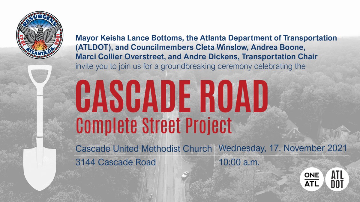 ATLDOT's tweet photo. We're approaching the start of the #CascadeRoad Complete Street project! Celebrate this milestone with us. We’re holding a groundbreaking ceremony 10 a.m. tomorrow at #Atlanta’s historic Cascade United Methodist Church. https://t.co/dzLiGpGKoo
