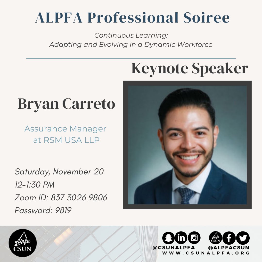 Hey Alpfamilia!

Say hello to our amazing to our amazing Alumni Panel speakers! Make sure to attend and hear from these great individuals and their experience. 

#csunalpfa #ALPFA #alpfamilia #CSUN