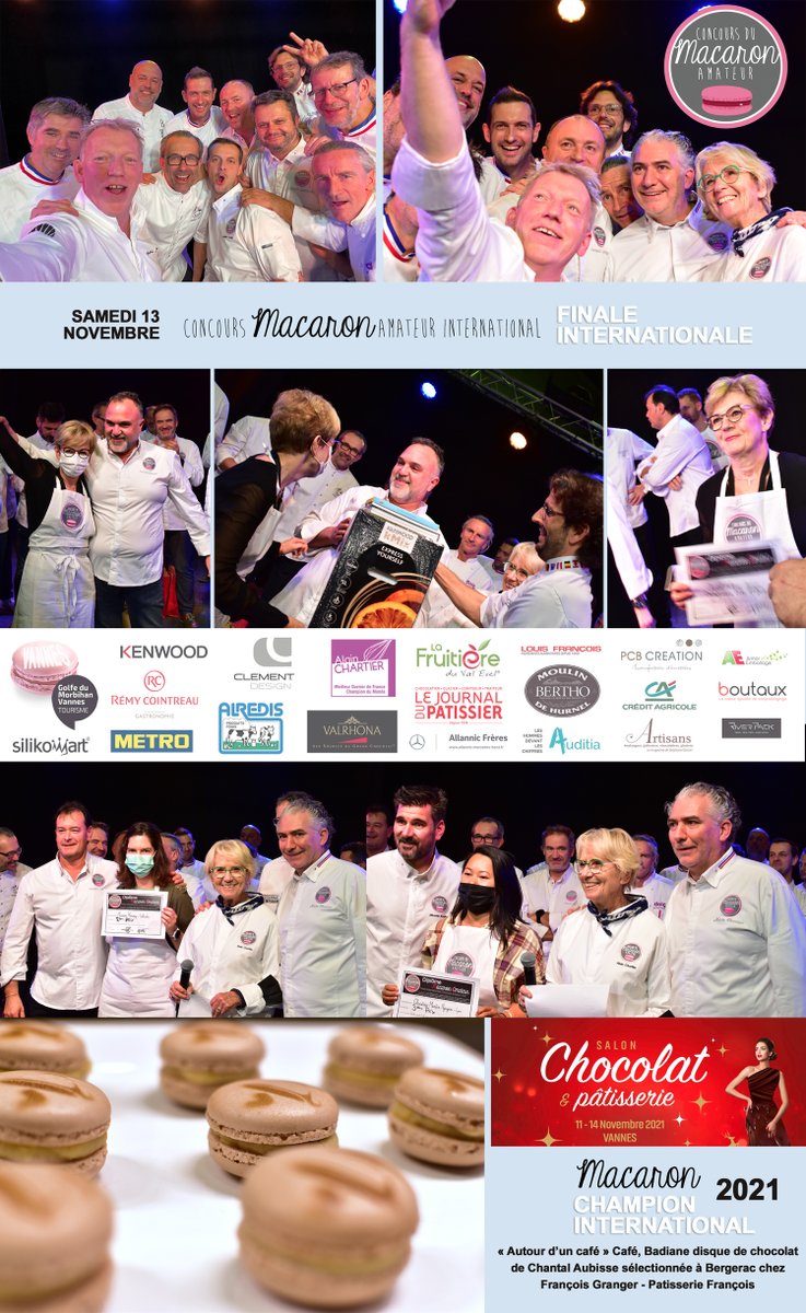 13 Novembre 2021 : La FINALE Internationale du Concours MACARON Amateur.
C’est le Macaron « Autour d’un café » Café, Badiane disque de chocolat de Chantal Aubisse  sélectionnée à #Bergerac chez François Granger qui remporte le 1ER prix à #Vannes !!!! <a href="/AlainChartier56/">AlainChartier</a>