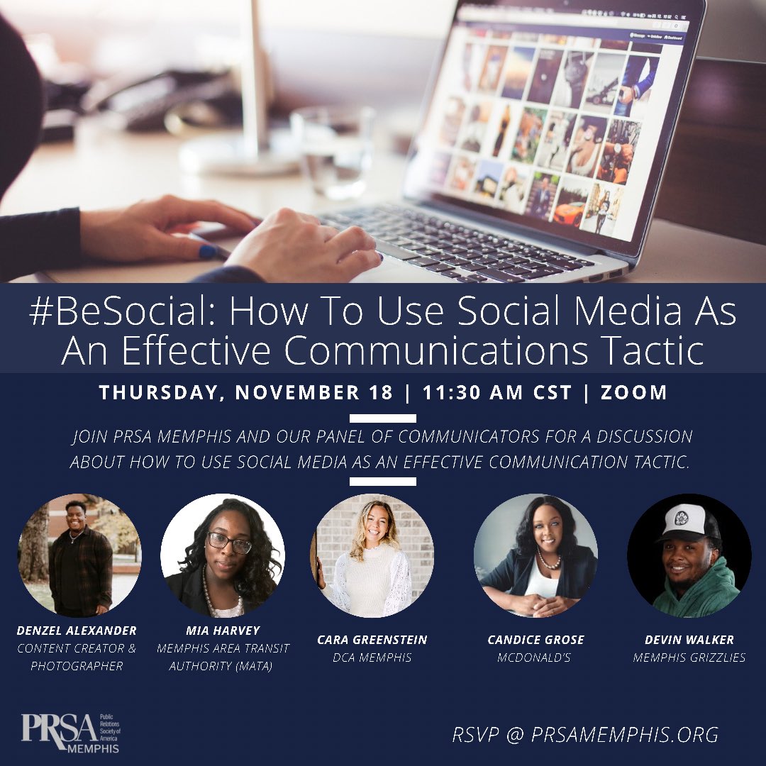 PRSAMem's tweet photo. Join #PRSAMemphis and our panel of communicators for a discussion about how to use #socialmedia as an effective communication tactic.π±
Panelists:
@denzeljalexande
@IgoHarvey
@caragreenstein
@_OleBluEyez
@Devin_Walker2
Register today at https://t.co/7aEDWCZY1D. π» https://t.co/51Evuu1qfa