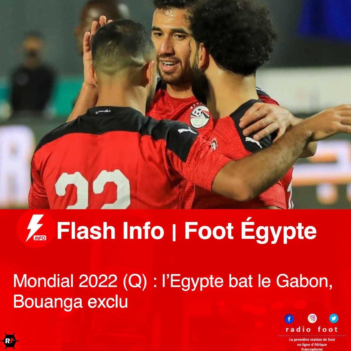 Footci's tweet photo. 🔴#Mondial_2022 | Déjà qualifiée pour les barrages, l’Egypte a bien terminé la phase de groupes des éliminatoires du Mondial 2022 en disposant du Gabon 2-1 ce mardi. Le Clermontois #Jim Allevinah avait égalisé (54e) après l’ouverture du score rapide de #Magdi Afsha sur penalty https://t.co/IkkJsZp1pd