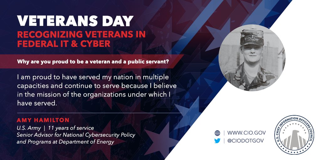 ciodotgov's tweet photo. Amy Hamilton served in the @USArmy for 11 years & now serves as Sr Advisor for National Cybersecurity Policy & Programs in @ENERGY's Office of the CIO. Amy is a proud #veteran who believes there's no greater honor than protecting our critical assets from harm #VeteransInFedTech https://t.co/2SzGF0cehK