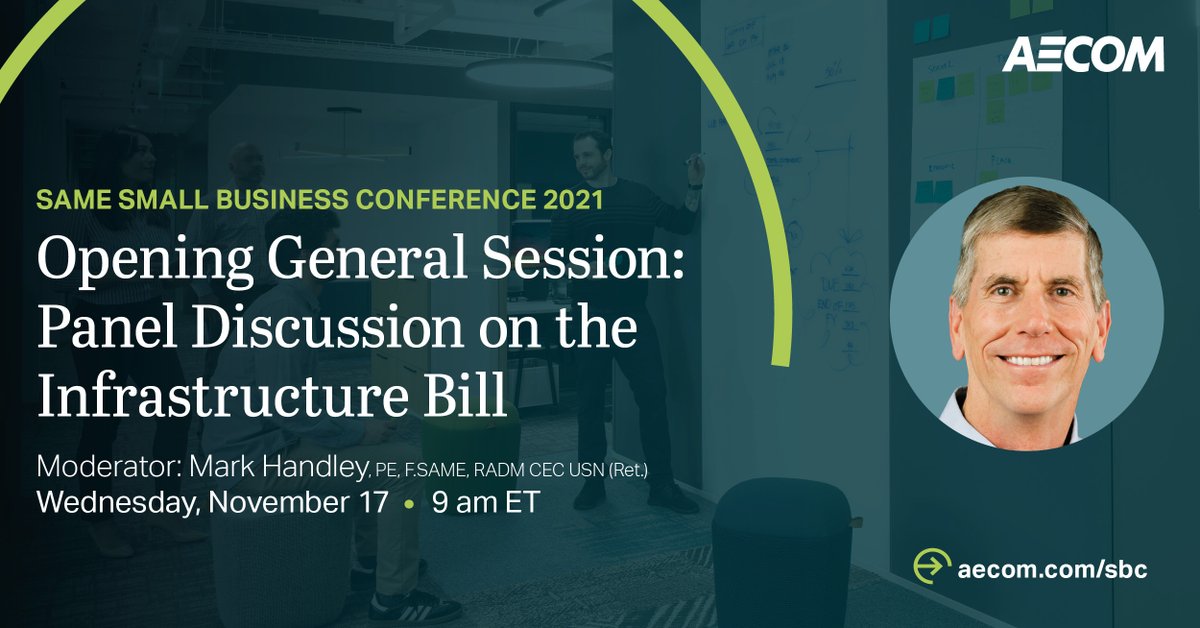 AECOMGovernment's tweet photo. Join @AECOM’s @MarkAHandley as he sits down w/leaders from @DeptofDefense, @USACEHQ, @NAVFAC, @USAirForce &amp; @DeptVetAffairs to talk about the #federal #infrastructure bill and what it means for the A/E/C industry. See our @SAME_National #SBC21 line-up: https://t.co/EWcau4HjvX https://t.co/XtMxk2bUBF
