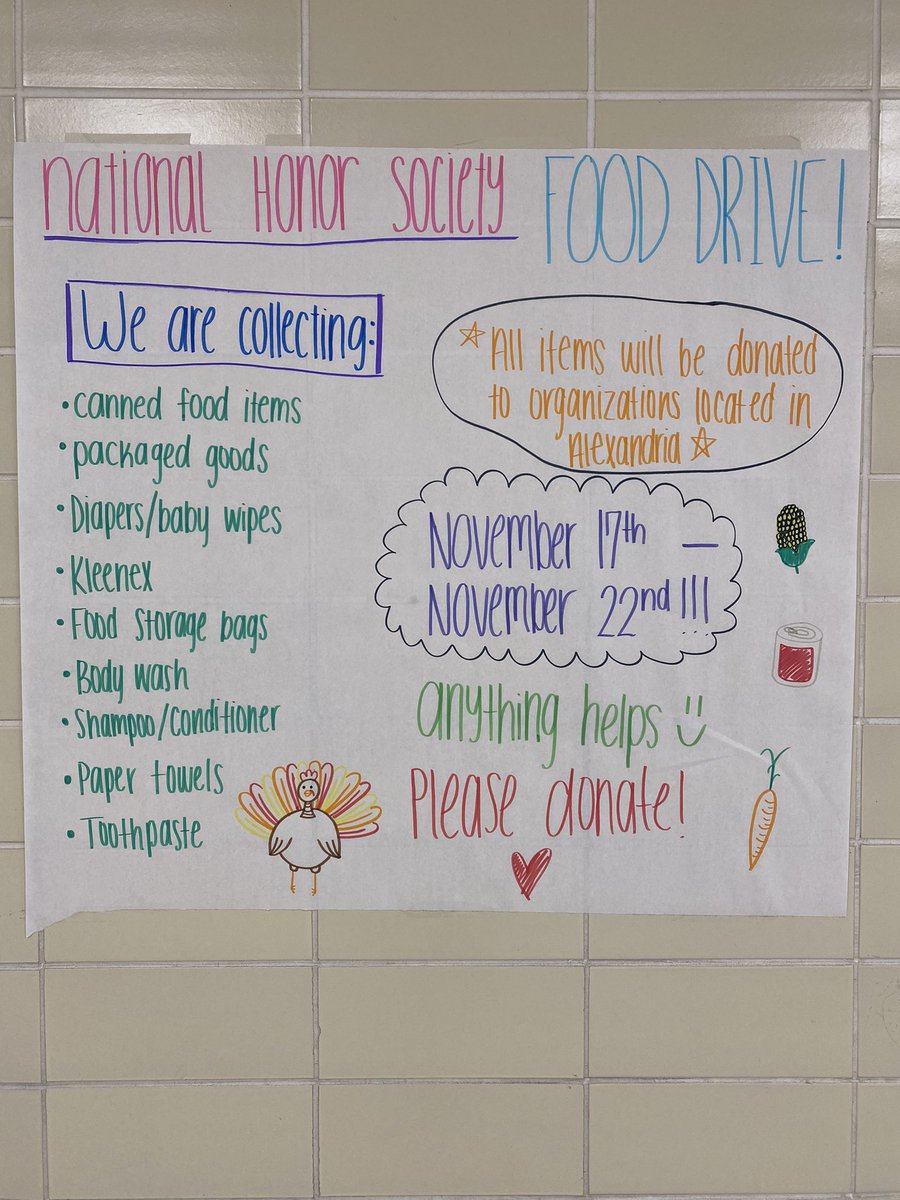 National Honor Society is hosting a food drive along with donations of a few other items! We will be collecting before school and also during lunch!!!